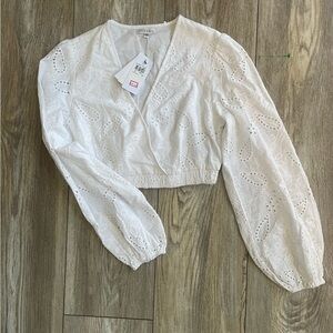 GUESS White Eyelet Wrap Crop Top with Puff Sleeves